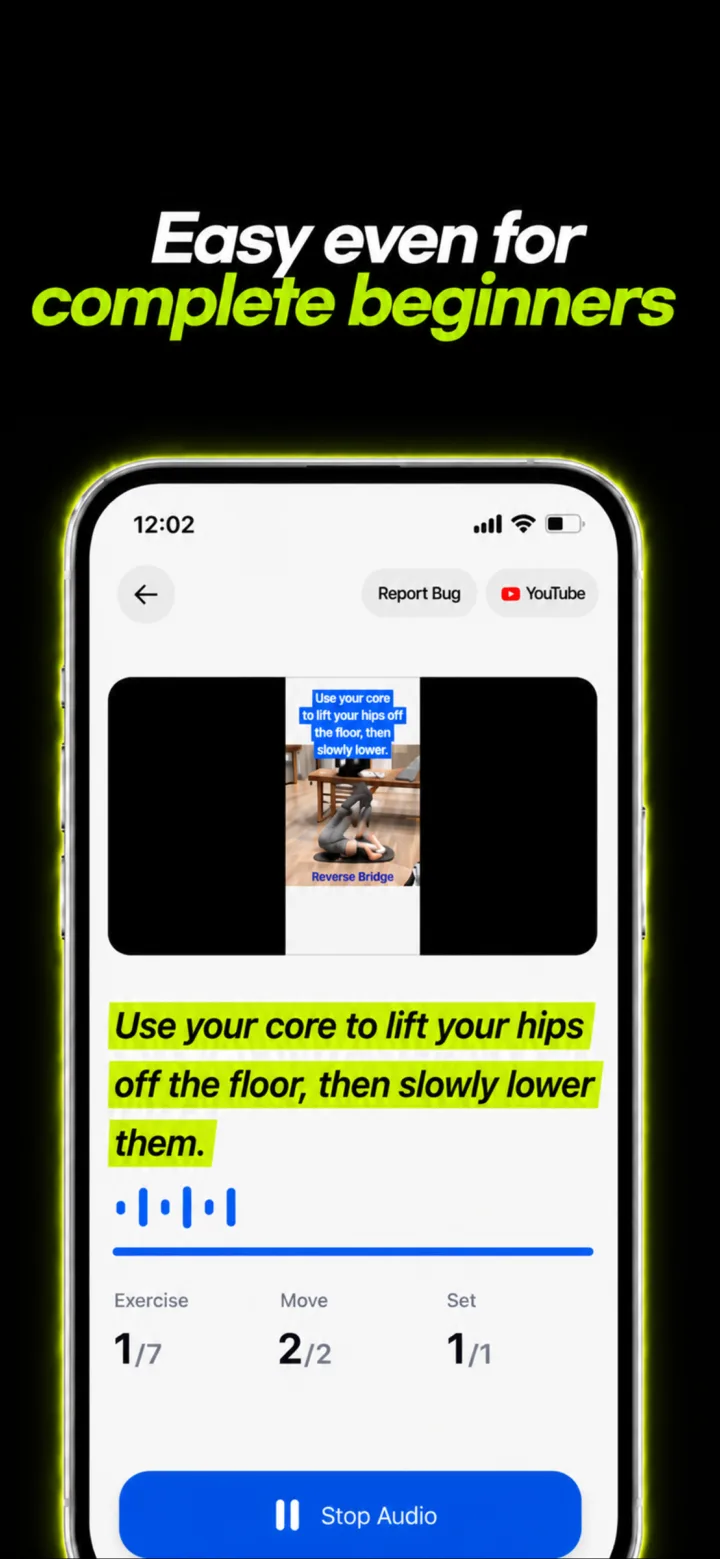 English Mustfit graphic showing beginner-friendly audio guidance