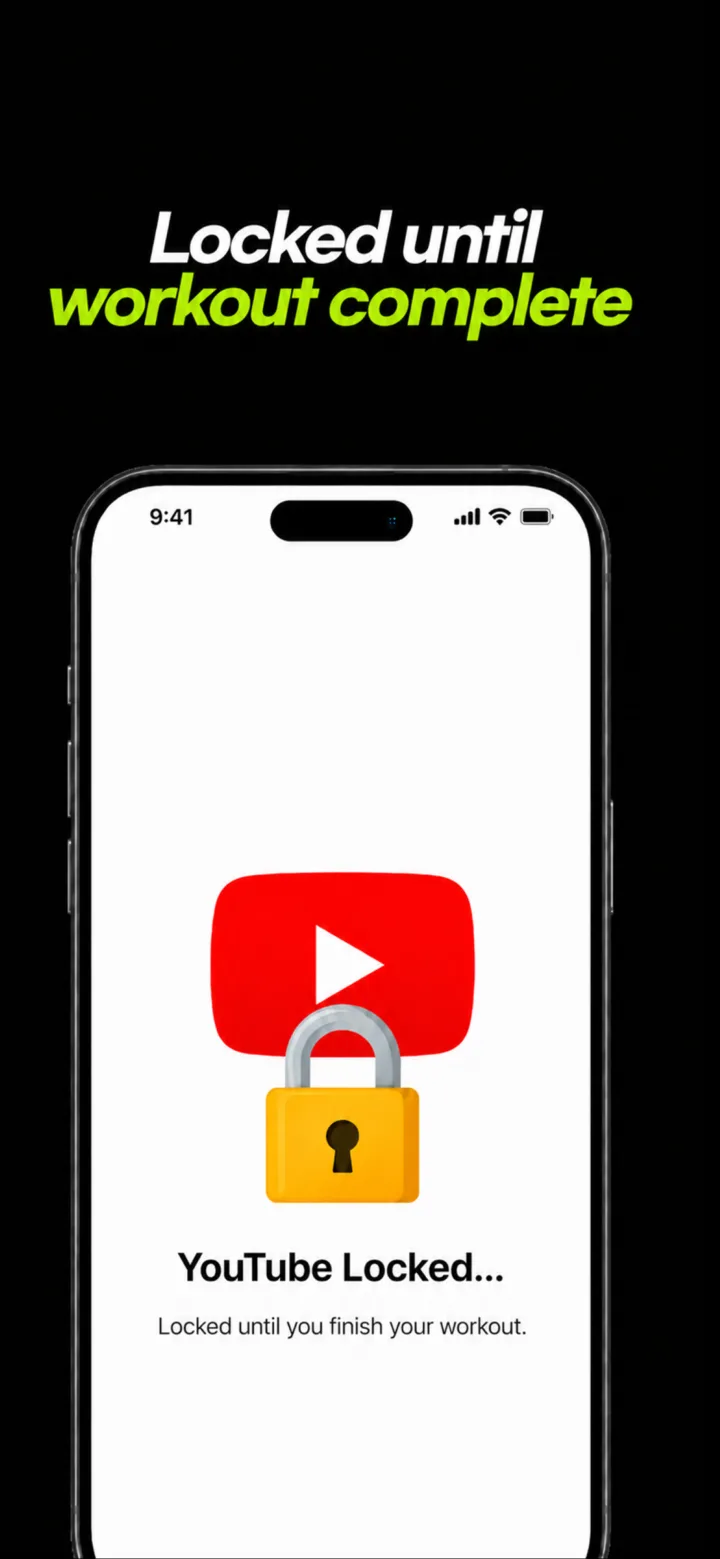 English Mustfit graphic showing YouTube locked until workout completion