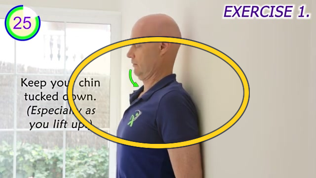 Wall chin tuck and head lift exercise frame highlight