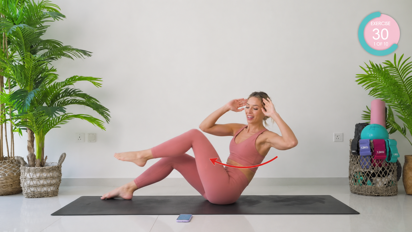 Seated core twists with leg lift exercise frame highlight